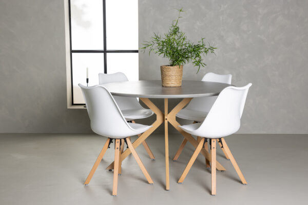 Söögilaua komplekt PIAZZA 120cm ümmargune, hall/naturaalne + toolid ZENO 4tk, valge/puit