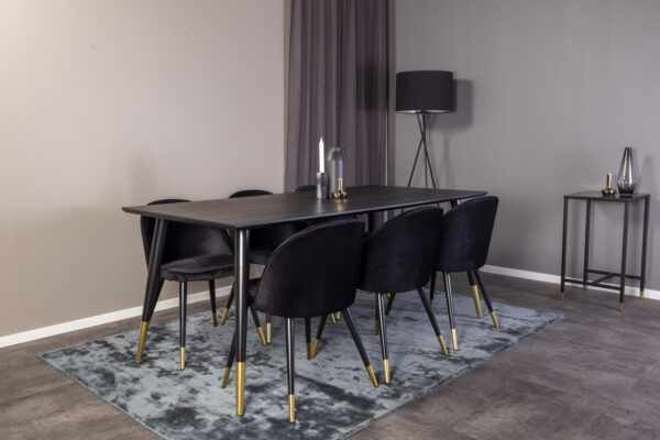 Musta viimistlusega Dipp söögilaud 180x90cm + must/brass Dipp polsterdatud söögitool (6 tk)