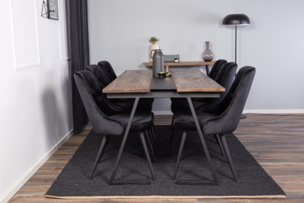 Söögilaua komplekt JAKARTA 200x90cm tammepuidust, must/tumepruun + 6 tooli VELVET DELUXE, mustad jalad/must samet